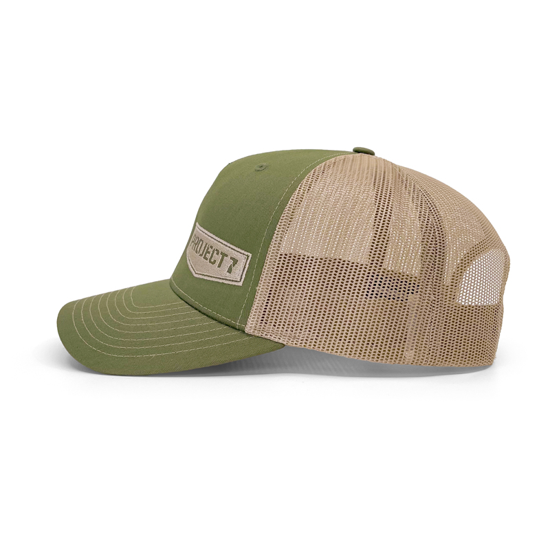 PROJECT7 Shield Embroidered Trucker Hat, Army/Tan, Richardson 112 FP Trucker