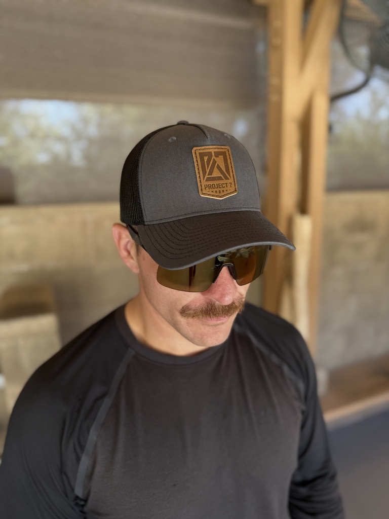 PROJECT7 Leather Insignia Trucker Hat, Charcoal/Black