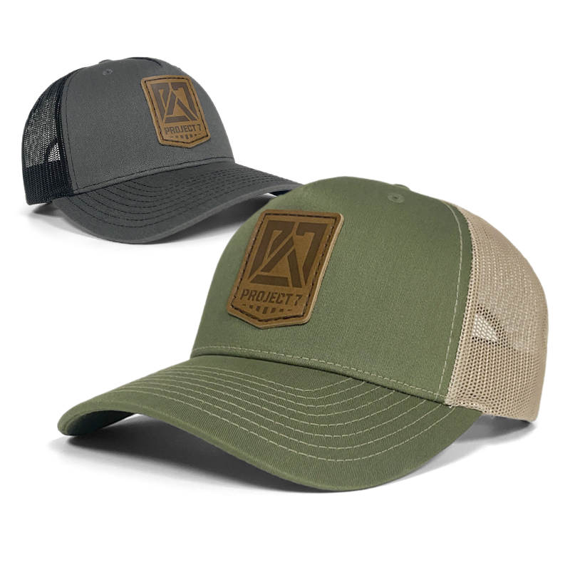 PROJECT7 Leather Insignia Trucker Hat, Army/Tan