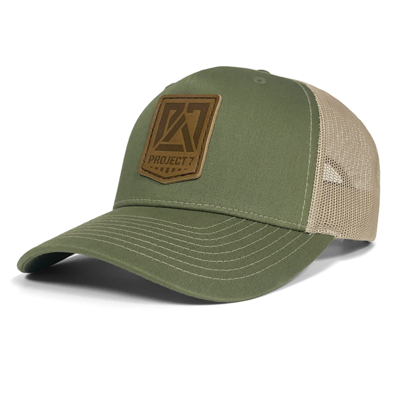PROJECT7 Leather Insignia Trucker Hat, Army/Tan