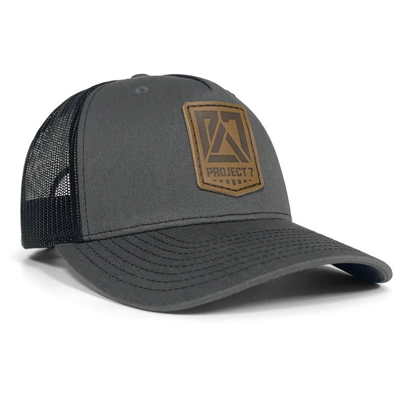 PROJECT7 Leather Insignia Trucker Hat, Charcoal/Black