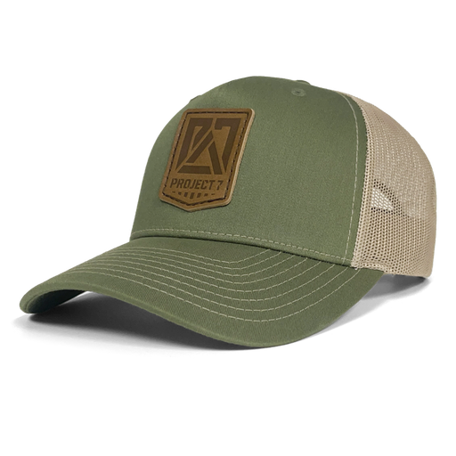 [P7-RM-HAT-R112-NSIG-LP-ATN] PROJECT7 Leather Insignia Trucker Hat, Army/Tan
