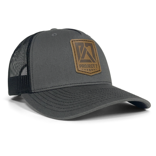 [P7-RM-HAT-R112-NSIG-LP-CBK] PROJECT7 Leather Insignia Trucker Hat, Charcoal/Black